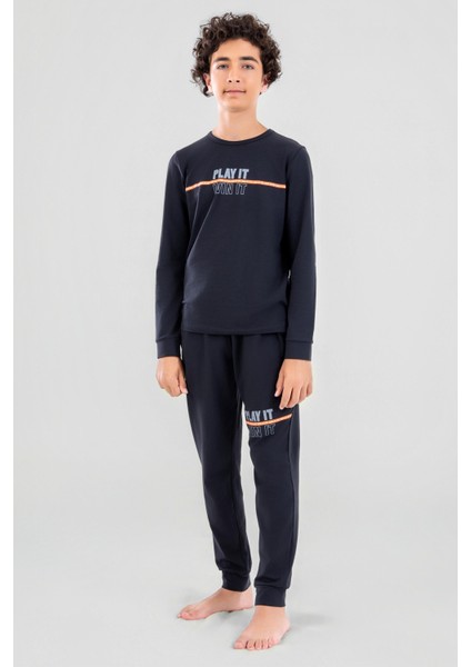 Genç Erkek Çocuk Pamuklu Bisiklet Yaka Uzun Kollu Pijama Takımı 9623-1 Siyah