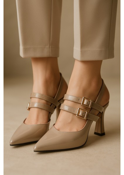 Kadın Topuklu Çift Bantlı Stiletto Ayakkabı Vizon