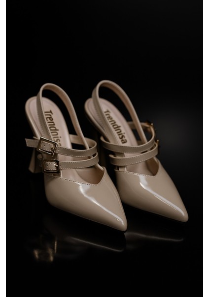 Kadın Topuklu Çift Bantlı Stiletto Ayakkabı Vizon fiyatları