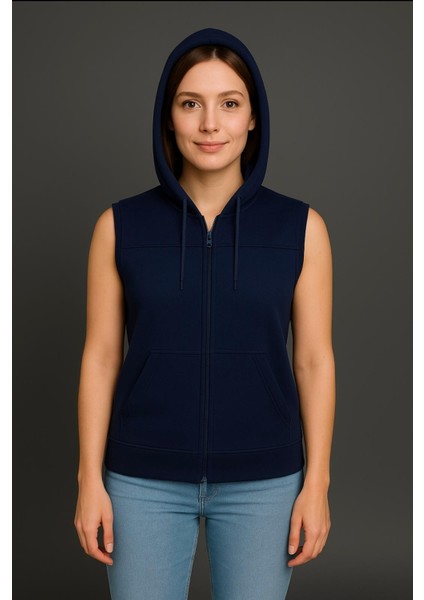 Kadın Lacivert Fermuarlı Kapüşonlu Kanguru Cepli Kolsuz YELEK-Y1142-K