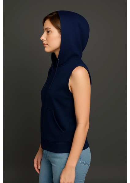 Kadın Lacivert Fermuarlı Kapüşonlu Kanguru Cepli Kolsuz YELEK-Y1142-K fiyatları