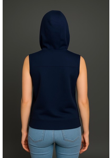 Kadın Lacivert Fermuarlı Kapüşonlu Kanguru Cepli Kolsuz YELEK-Y1142-K modelleri