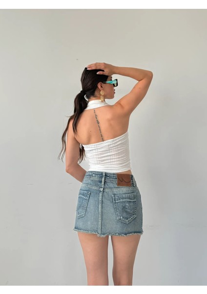 Gömlek Yaka Önü Düğme Detaylı Bluz Beyaz modelleri