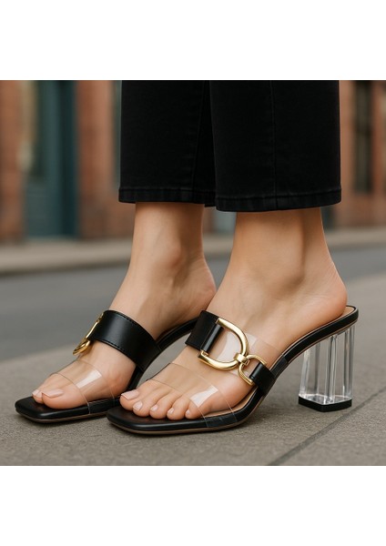Kadın Şeffaf Topuklu Gold Tokalı Terlik – Neolit Taban Siyah