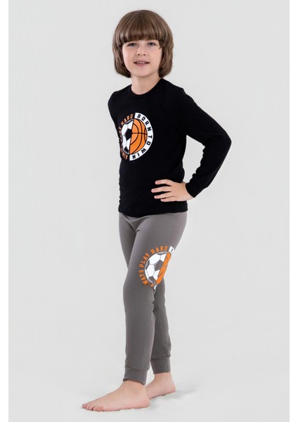 Erkek Çocuk Pamuklu Bisiklet Yaka Top Baskılı Uzun Kollu Pijama Takımı 9621-1 Siyah modelleri