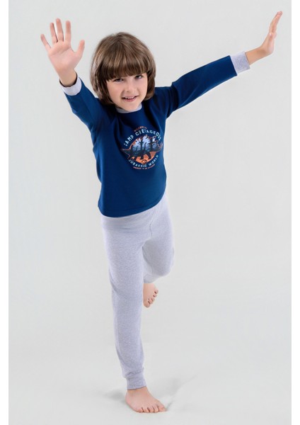 Erkek Çocuk Pamuklu Bisiklet Yaka Dinazor Baskılı Uzun Kollu Pijama Takımı 9619-1 Lacivert