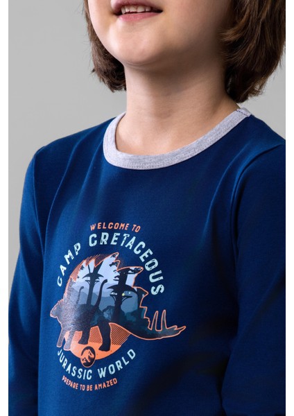 Erkek Çocuk Pamuklu Bisiklet Yaka Dinazor Baskılı Uzun Kollu Pijama Takımı 9619-1 Lacivert modelleri