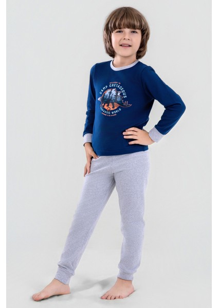 Erkek Çocuk Pamuklu Bisiklet Yaka Dinazor Baskılı Uzun Kollu Pijama Takımı 9619-1 Lacivert fırsatları