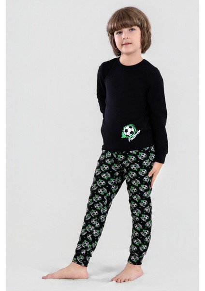 Erkek Çocuk Pamuklu Bisiklet Yaka Futbol Topu Baskılı Uzun Kollu Pijama Takımı 9622-1 Yeşil