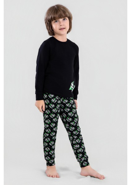 Erkek Çocuk Pamuklu Bisiklet Yaka Futbol Topu Baskılı Uzun Kollu Pijama Takımı 9622-1 Yeşil fırsatları
