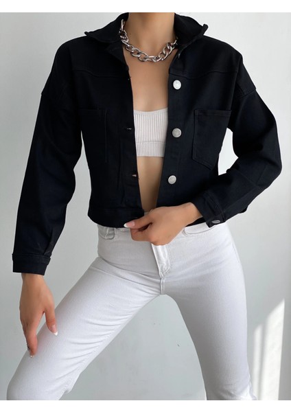 Çift Cepli Denim Crop Ceket Siyah fiyatları