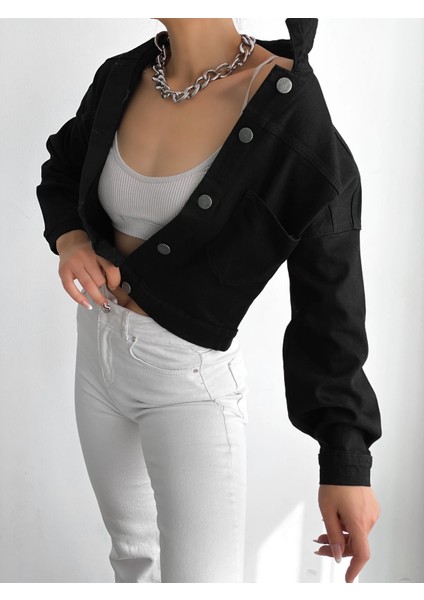Çift Cepli Denim Crop Ceket Siyah modelleri