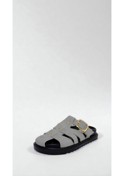 Kadın Süet Kapalı Bantlı Altın Detaylı Terlik Gri fiyatları