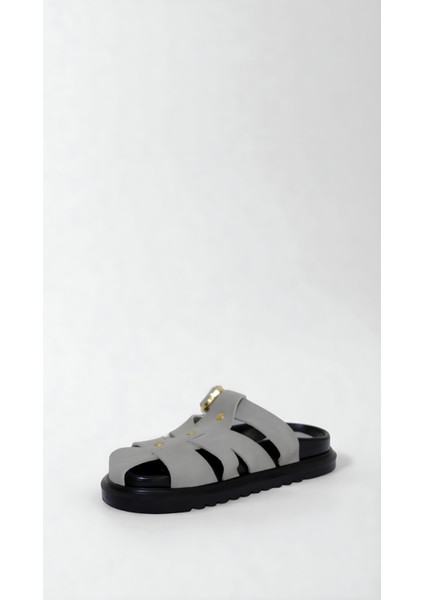 Kadın Süet Kapalı Bantlı Altın Detaylı Terlik Gri modelleri