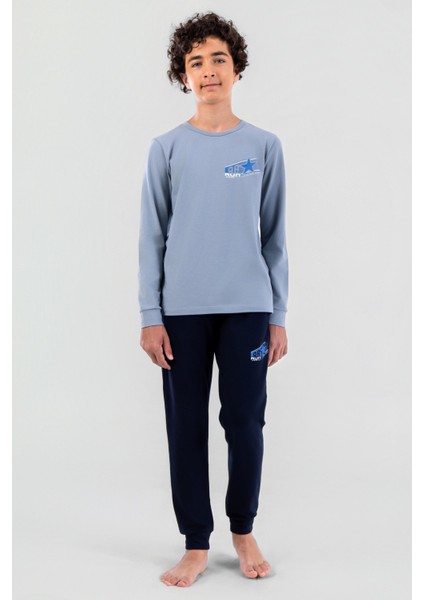 Genç Erkek Çocuk Pamuklu Bisiklet Yaka Uzun Kollu Pijama Takımı 9624-1 Mavi fiyatları