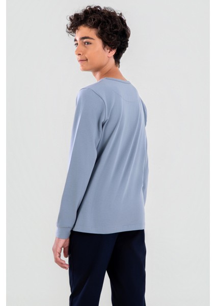 Genç Erkek Çocuk Pamuklu Bisiklet Yaka Uzun Kollu Pijama Takımı 9624-1 Mavi fırsatları