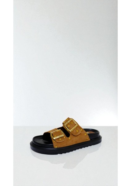 Yıldız Desenli Çift Tokalı Kadın Terlik Hardal Sarısı modelleri