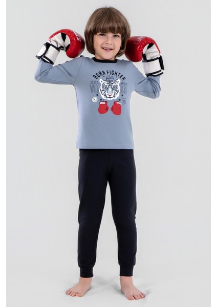 Erkek Çocuk Pamuklu Bisiklet Yaka Kaplan Baskılı Uzun Kollu Pijama Takımı 9620-1 Gri Melanj