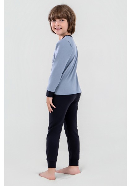 Erkek Çocuk Pamuklu Bisiklet Yaka Kaplan Baskılı Uzun Kollu Pijama Takımı 9620-1 Gri Melanj modelleri