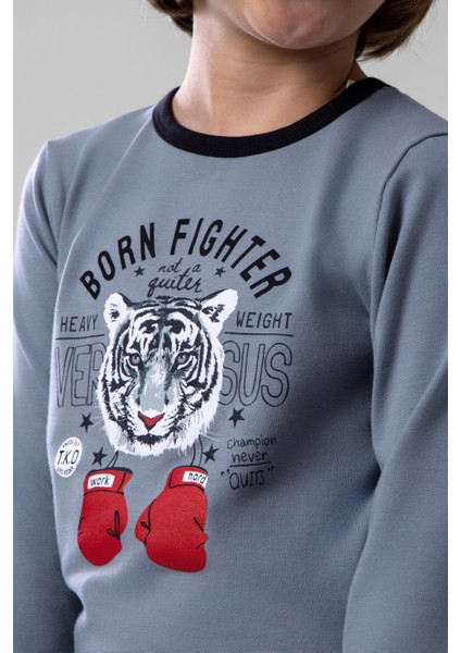 Erkek Çocuk Pamuklu Bisiklet Yaka Kaplan Baskılı Uzun Kollu Pijama Takımı 9620-1 Gri Melanj fırsatları