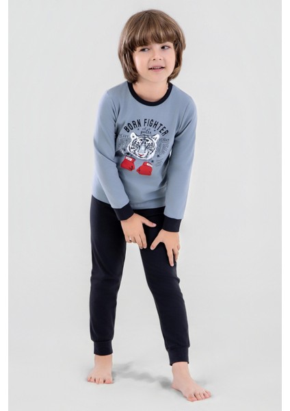 Erkek Çocuk Pamuklu Bisiklet Yaka Kaplan Baskılı Uzun Kollu Pijama Takımı 9620-1 Gri Melanj indirimleri