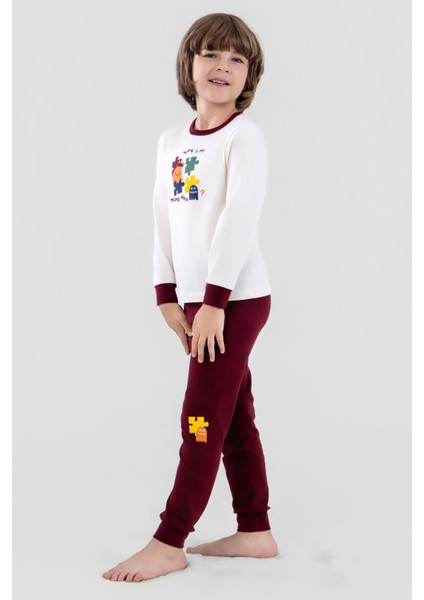 Erkek Çocuk Pamuklu Bisiklet Yaka Puzzle Baskılı Uzun Kollu Pijama Takımı 9618-1 Bordo