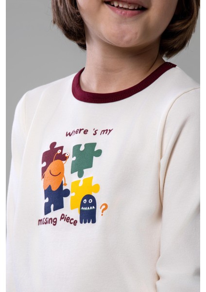 Erkek Çocuk Pamuklu Bisiklet Yaka Puzzle Baskılı Uzun Kollu Pijama Takımı 9618-1 Bordo modelleri