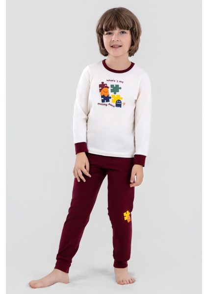 Erkek Çocuk Pamuklu Bisiklet Yaka Puzzle Baskılı Uzun Kollu Pijama Takımı 9618-1 Bordo fırsatları
