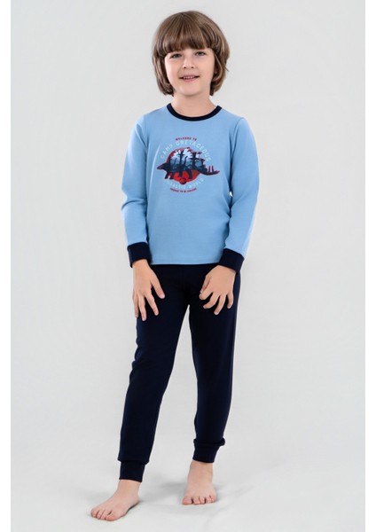 Erkek Çocuk Pamuklu Bisiklet Yaka Dinazor Baskılı Uzun Kollu Pijama Takımı 9619-1 Mavi modelleri