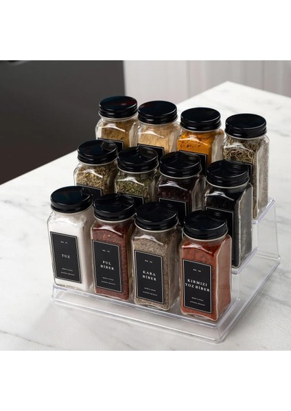 Baharat Kavanoz Seti - 12 Li Kare Cam Kavanoz, Siyah Kapak & Etiketli Baharat Organizer Seti