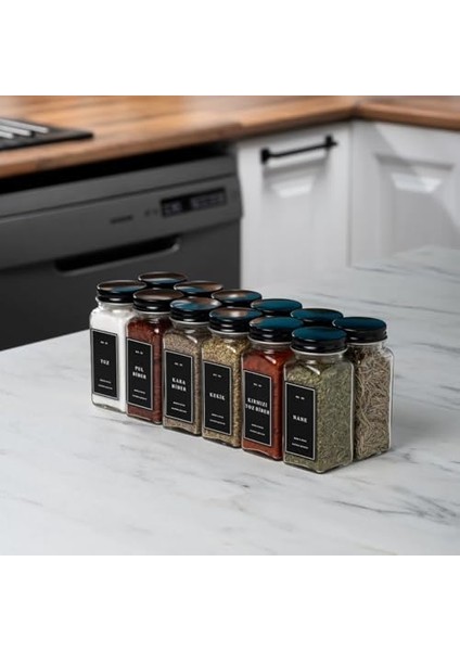 Baharat Kavanoz Seti - 12 Li Kare Cam Kavanoz, Siyah Kapak & Etiketli Baharat Organizer Seti modelleri