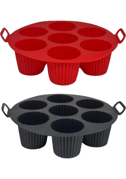 Airfryer Silikon Kek Pişirme Kalıbı 7 Bölmeli, Silikon Cupcake Kek Pişirme Kabı Air Fryer Muffin Fırın Kalıbı (2 Adet Kırmızı+Siyah - 23 Cm)