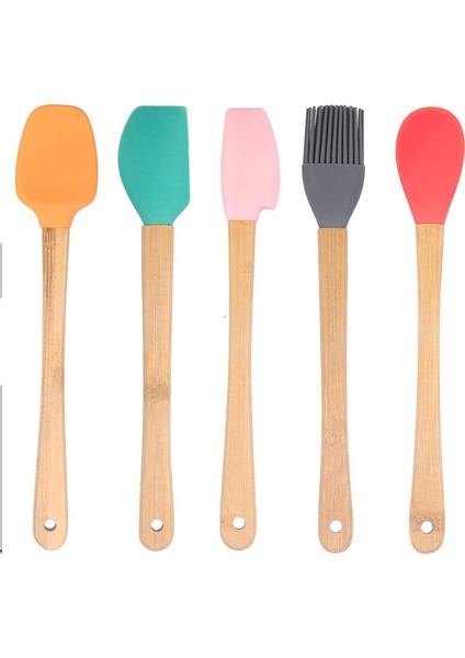 Silikon Spatula ve Fırça Seti, 5 Parça, Karışık Renkli, Bambu Saplı