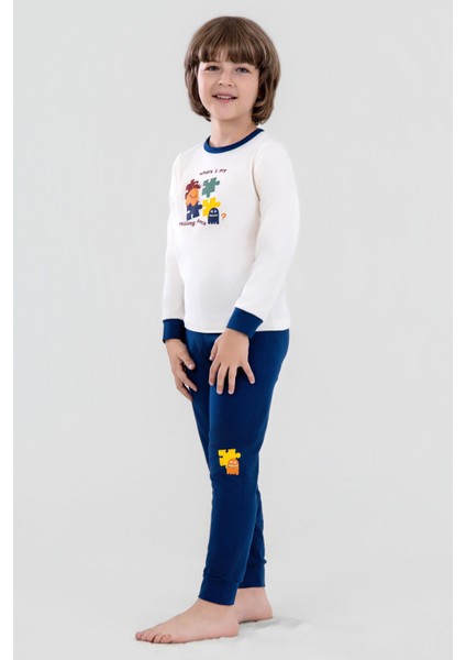 Erkek Çocuk Pamuklu Bisiklet Yaka Puzzle Baskılı Uzun Kollu Pijama Takımı 9618-1 Lacivert
