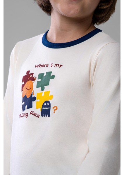 Erkek Çocuk Pamuklu Bisiklet Yaka Puzzle Baskılı Uzun Kollu Pijama Takımı 9618-1 Lacivert fiyatları