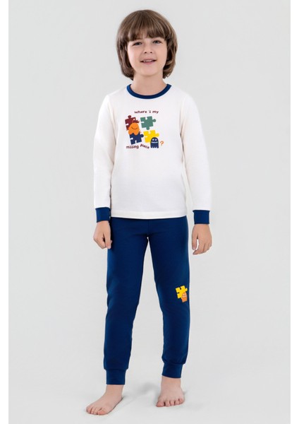 Erkek Çocuk Pamuklu Bisiklet Yaka Puzzle Baskılı Uzun Kollu Pijama Takımı 9618-1 Lacivert modelleri