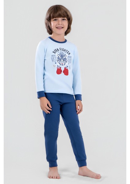 Erkek Çocuk Pamuklu Bisiklet Yaka Kaplan Baskılı Uzun Kollu Pijama Takımı 9620-1 Mavi