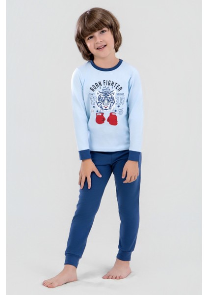 Erkek Çocuk Pamuklu Bisiklet Yaka Kaplan Baskılı Uzun Kollu Pijama Takımı 9620-1 Mavi modelleri