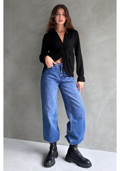 Yakalı Önü Bağcıklı Dokulu Bluz Siyah fiyatları