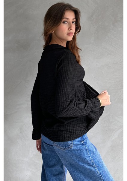 Yakalı Önü Bağcıklı Dokulu Bluz Siyah modelleri