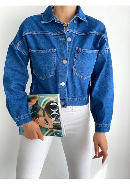 Çift Cepli Denim Crop Ceket Mavi