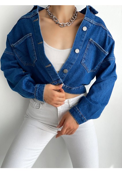 Çift Cepli Denim Crop Ceket Mavi fiyatları