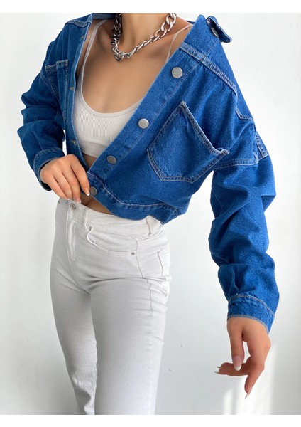 Çift Cepli Denim Crop Ceket Mavi modelleri