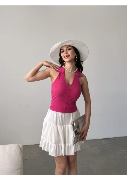 Gömlek Yaka Önü Düğme Detaylı Bluz Fuşya fiyatları