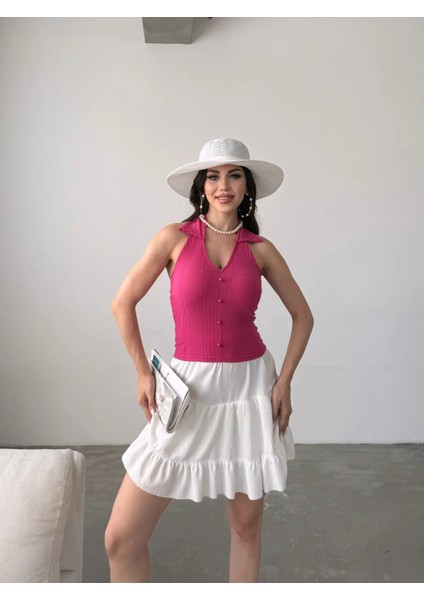 Gömlek Yaka Önü Düğme Detaylı Bluz Fuşya indirimleri