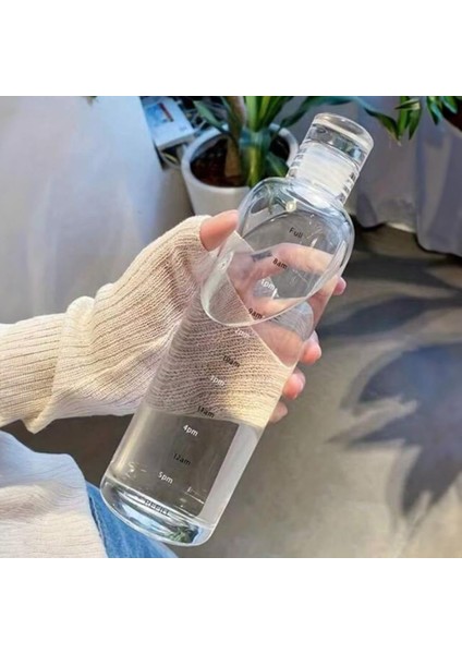 2407 Borosilikat Cam Su Şişesi - Su Içme Saatli Dereceli Matara Suluk - Başucu Sürahisi Şeffaf 750 ml