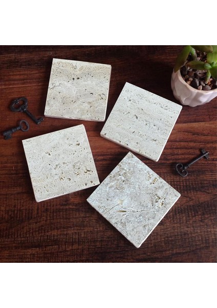 Stone Doğal Taş Bardak Altlığı Seti - 4 Parça - Dekoratif, Rustik Mutfak Aksesuarı, 10X10 Cm, Kaydırmaz Tabanlı, Şık ve Dayanıklı SC100