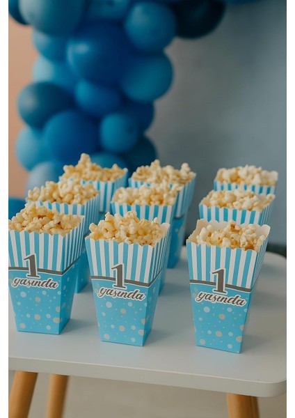 Yaş Erkek Doğum Günü Mavi Popcorn Mısır Kutusu - 8 Adet Mısır Kutusu Parti Süsleme ve Sunum Kutusu