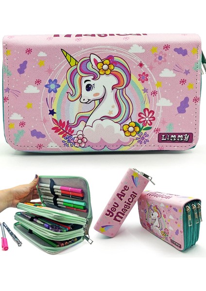 Kalem Kutusu Unicorn Bahar Temalı Kawai Organizer Kalemkutu Vegan Deri Üç Bölmeli Kalemlik- Yeşil, Limmy