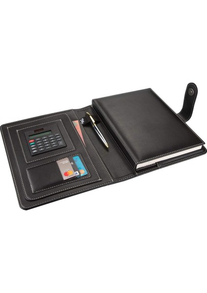 4530 Ajanda Tarihsiz Çizgili 17 x 24 cm Ajanda/defter Hesap Makineli Suni Deri Organizer, Siyah